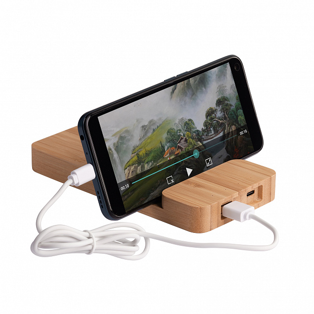 Беспроводное (10W) зарядное устройство "Bamboo Power" 5000 mAh с подставкой под смартфон, бамбук с логотипом в Самаре заказать по выгодной цене в кибермаркете AvroraStore