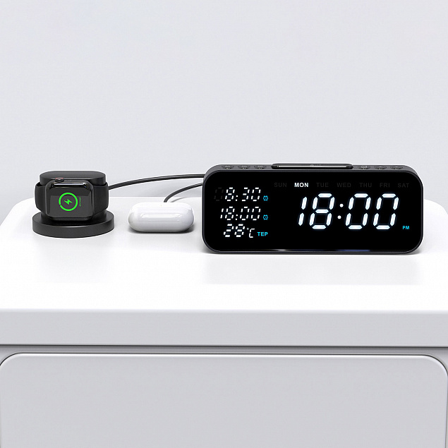 Настольные часы 6в1 с беспроводной зарядкой 10W, Orion, черный цвет с логотипом в Самаре заказать по выгодной цене в кибермаркете AvroraStore