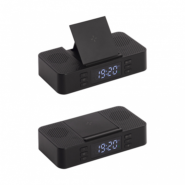Настольные часы "Smart Box" с bluetooth колонкой (2х3Вт), беспроводным (15W) зарядным устройством и складной подставкой под смартфон с логотипом в Самаре заказать по выгодной цене в кибермаркете AvroraStore