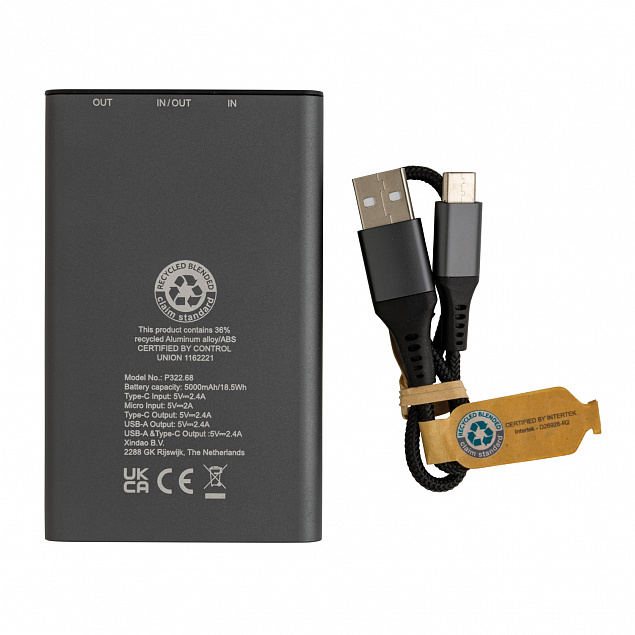 Внешний аккумулятор Terra из переработанного алюминия RCS, 5000 мАч с логотипом в Самаре заказать по выгодной цене в кибермаркете AvroraStore
