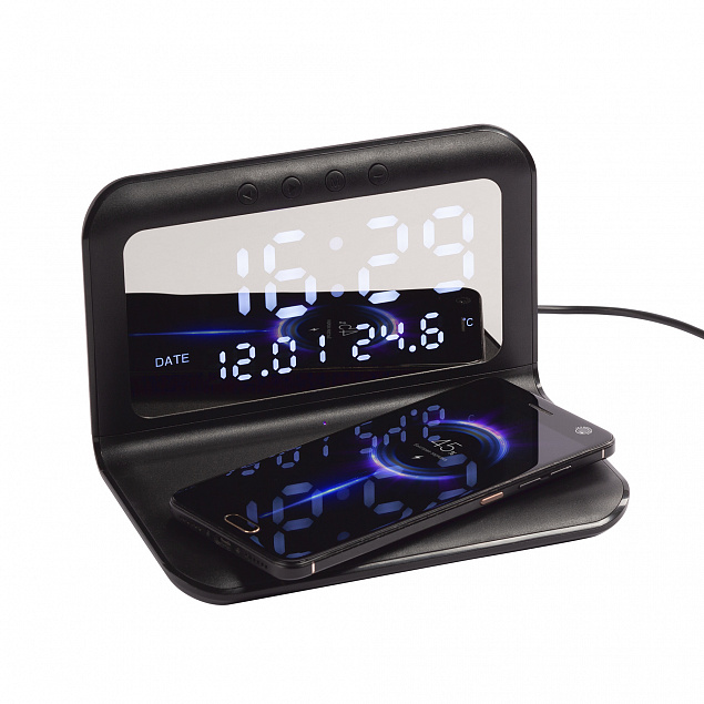 Настольные часы "Smart Time" с беспроводным (15W) зарядным устройством, будильником и термометром, со съёмным дисплеем с логотипом в Самаре заказать по выгодной цене в кибермаркете AvroraStore