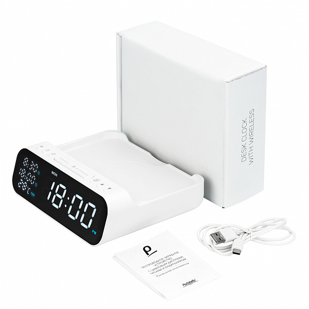 Настольные часы 6в1 с беспроводной зарядкой 10W, Orion, белый цвет с логотипом в Самаре заказать по выгодной цене в кибермаркете AvroraStore