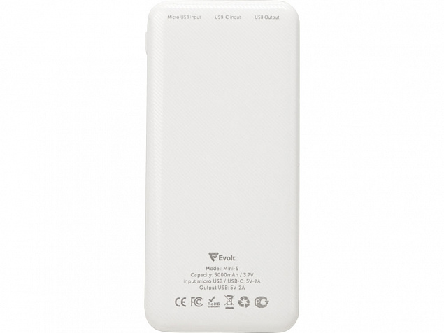 Внешний аккумулятор Evolt Mini-5, 5000 mAh, белый с логотипом в Самаре заказать по выгодной цене в кибермаркете AvroraStore