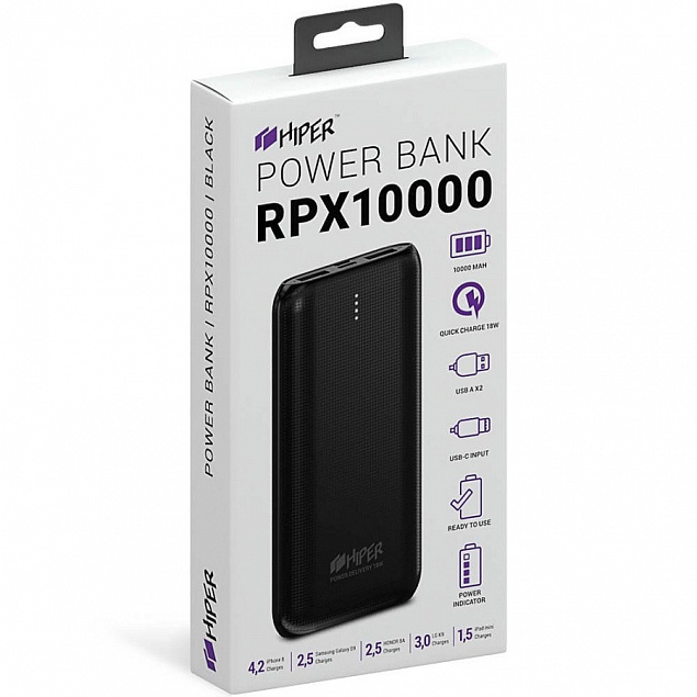 Универсальный аккумулятор RPX10000, QC3.0, PD, TYPE C, емкость 10000 мАч, черный  с логотипом в Самаре заказать по выгодной цене в кибермаркете AvroraStore