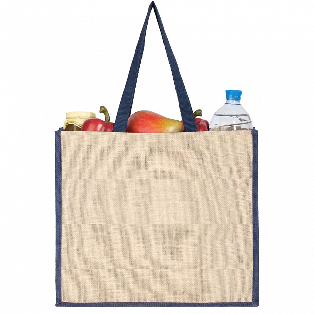 Холщовая сумка для покупок Bagari с синей отделкой с логотипом в Самаре заказать по выгодной цене в кибермаркете AvroraStore