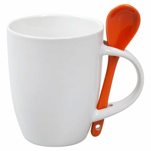 Кружка с ложкой, белая с оранжевой с логотипом в Самаре заказать по выгодной цене в кибермаркете AvroraStore