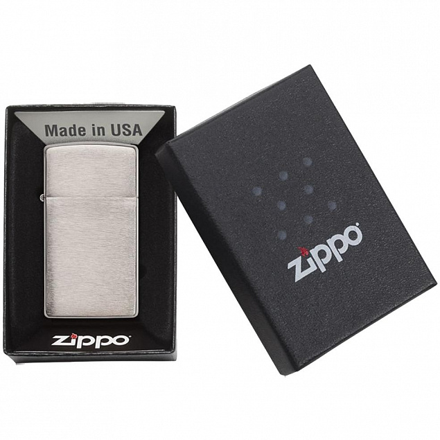 Зажигалка Zippo Slim Brushed, матовая серебристая с логотипом в Самаре заказать по выгодной цене в кибермаркете AvroraStore
