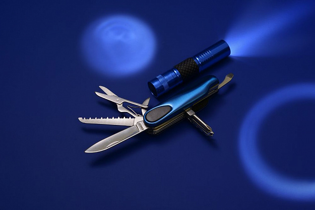 Набор «Зорге»: мультитул и фонарик, синий с логотипом в Самаре заказать по выгодной цене в кибермаркете AvroraStore