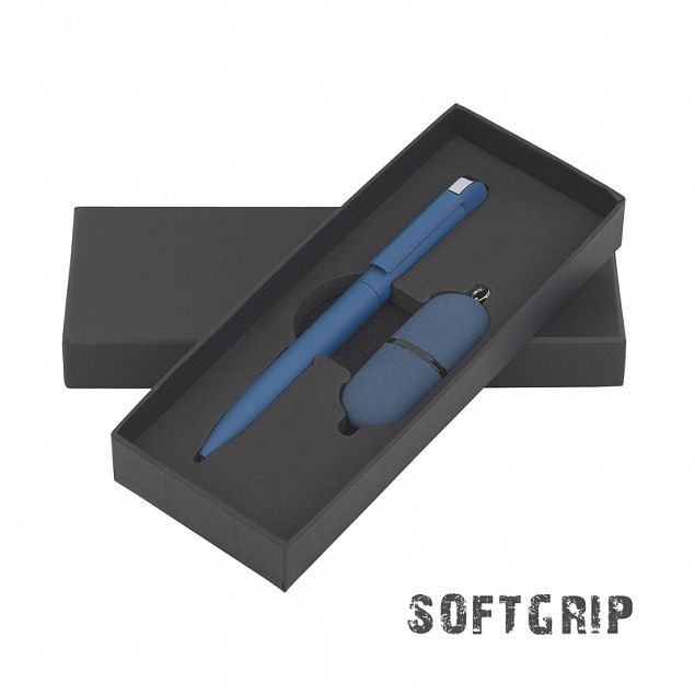 Подарочный набор ручка и флеш-карта, покрытие soft grip, синий с логотипом в Самаре заказать по выгодной цене в кибермаркете AvroraStore
