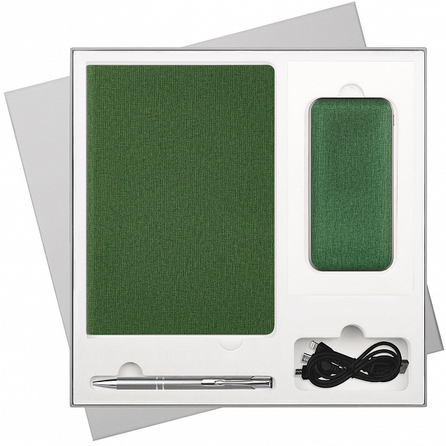 Подарочный набор Tweed, зеленый (ежедневник, ручка, аккумулятор) с логотипом в Самаре заказать по выгодной цене в кибермаркете AvroraStore