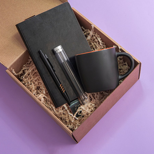 Набор подарочный DESKTOP: кружка, ежедневник, ручка,  стружка, коробка, черный/оранжевый с логотипом в Самаре заказать по выгодной цене в кибермаркете AvroraStore