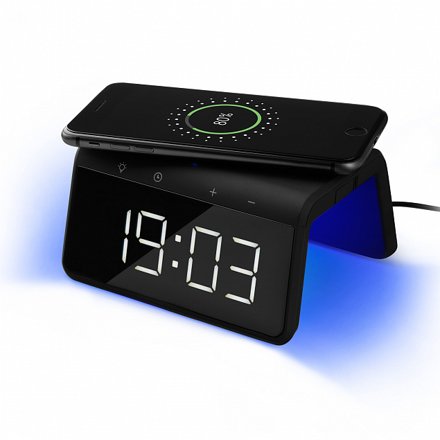 Настольные часы с беспроводной зарядкой 15W, Flame, черный цвет с логотипом в Самаре заказать по выгодной цене в кибермаркете AvroraStore