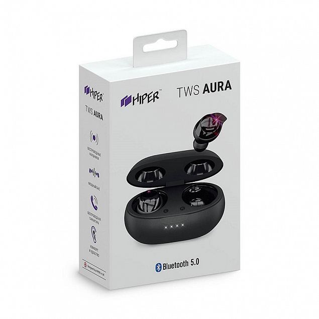 Наушники беспроводные с зарядным боксом HIPER TWS AURA, цвет черный  с логотипом в Самаре заказать по выгодной цене в кибермаркете AvroraStore