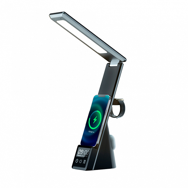 Настольная лампа Zeus с беспроводными зарядками, часами и будильником с логотипом в Самаре заказать по выгодной цене в кибермаркете AvroraStore
