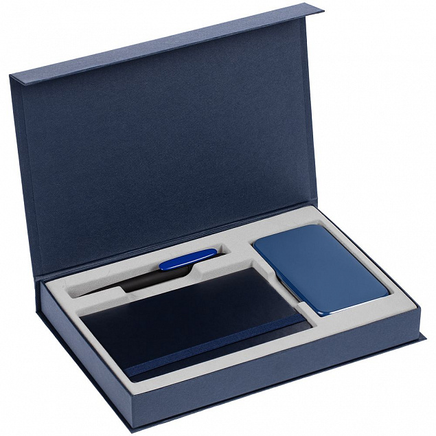 Коробка Silk с ложементом под ежедневник, аккумулятор и ручку, синяя с логотипом в Самаре заказать по выгодной цене в кибермаркете AvroraStore