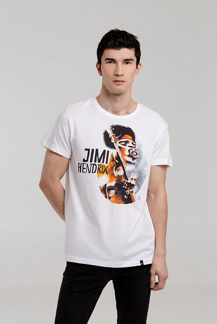 Футболка «Меламед. Jimi Hendrix», белая с логотипом в Самаре заказать по выгодной цене в кибермаркете AvroraStore