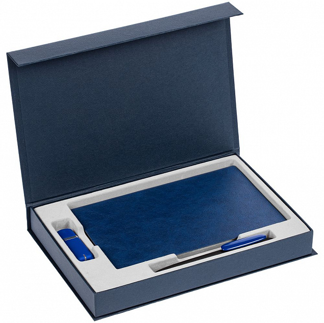 Коробка Silk с ложементом под ежедневник, флешку и ручку, синяя с логотипом в Самаре заказать по выгодной цене в кибермаркете AvroraStore
