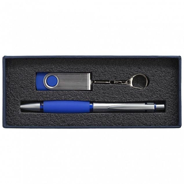 Коробка Notes с ложементом для ручки и флешки, синяя с логотипом в Самаре заказать по выгодной цене в кибермаркете AvroraStore