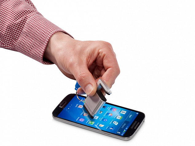 Подставка-брелок для мобильного телефона GoGo, серебристый/синий с логотипом в Самаре заказать по выгодной цене в кибермаркете AvroraStore