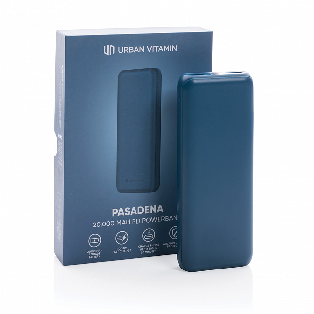 Внешний аккумулятор Urban Vitamin Pasadena с быстрой зарядкой PD, 18 Вт, 20000 мАч с логотипом в Самаре заказать по выгодной цене в кибермаркете AvroraStore