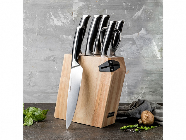 Набор из 5 кухонных ножей, ножниц и блока для ножей с ножеточкой «URSA» с логотипом в Самаре заказать по выгодной цене в кибермаркете AvroraStore
