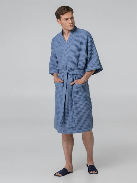 Халат вафельный мужской Boho Kimono, синий с логотипом в Самаре заказать по выгодной цене в кибермаркете AvroraStore