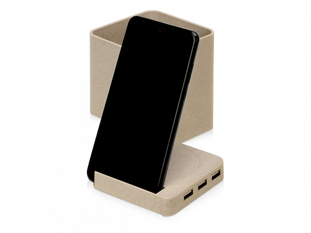 Настольный органайзер Cubic из пшеничного волокна с функцией беспроводной зарядки и выходами USB с логотипом в Самаре заказать по выгодной цене в кибермаркете AvroraStore