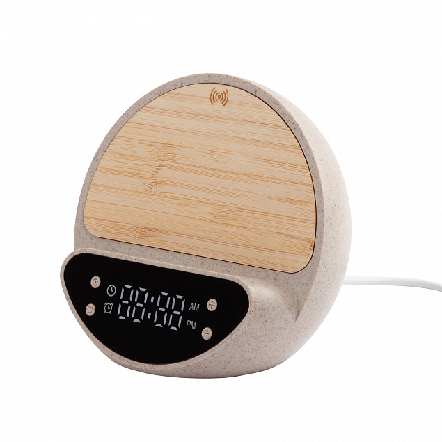 Настольные часы "Smiley" с беспроводным (10W) зарядным устройством и будильником, пшеница/бамбук/пластик с логотипом в Самаре заказать по выгодной цене в кибермаркете AvroraStore