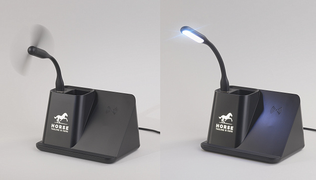 Карандашница "Black Star" с беспроводным (10W) зарядным устройством, вентилятором и лампой, с подсветкой логотипа с логотипом в Самаре заказать по выгодной цене в кибермаркете AvroraStore