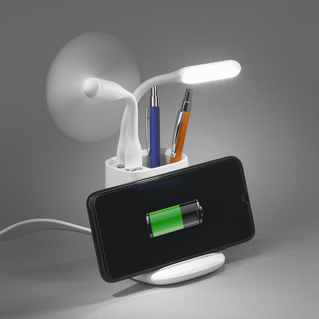 Карандашница "Smart Stand" с беспроводным зарядным устройством, вентилятором и лампой (2USB разъёма) с логотипом в Самаре заказать по выгодной цене в кибермаркете AvroraStore
