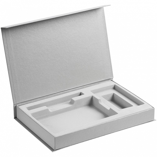 Коробка Silk с ложементом под ежедневник, аккумулятор и ручку, серебристая с логотипом в Самаре заказать по выгодной цене в кибермаркете AvroraStore