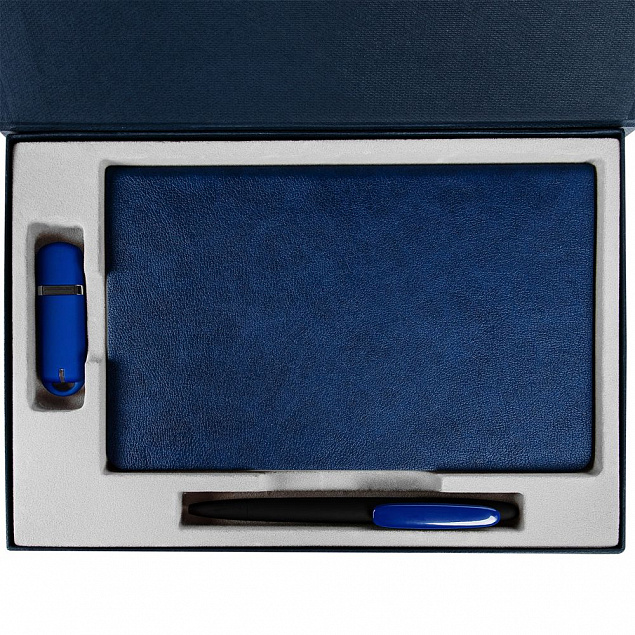 Коробка Silk с ложементом под ежедневник, флешку и ручку, синяя с логотипом в Самаре заказать по выгодной цене в кибермаркете AvroraStore